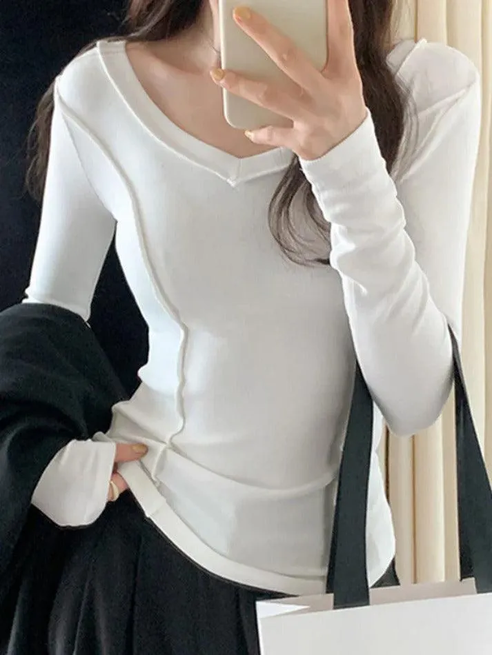 Solid V Neck Seam Detail Slim Long Sleeve Knit