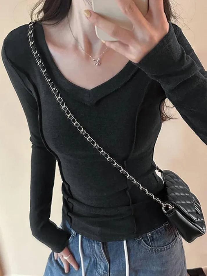 Solid V Neck Seam Detail Slim Long Sleeve Knit