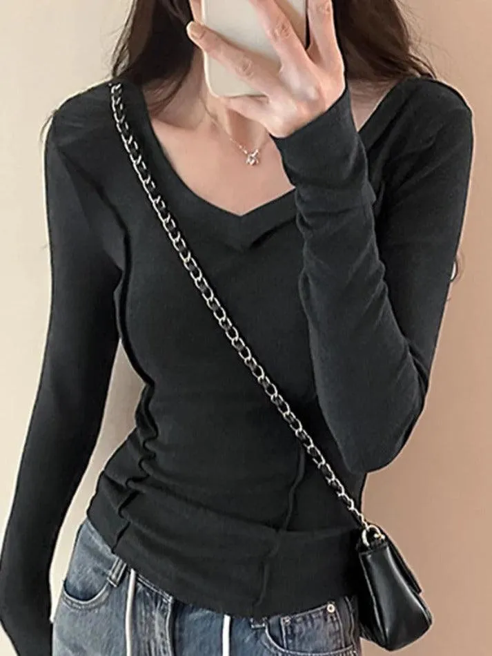 Solid V Neck Seam Detail Slim Long Sleeve Knit