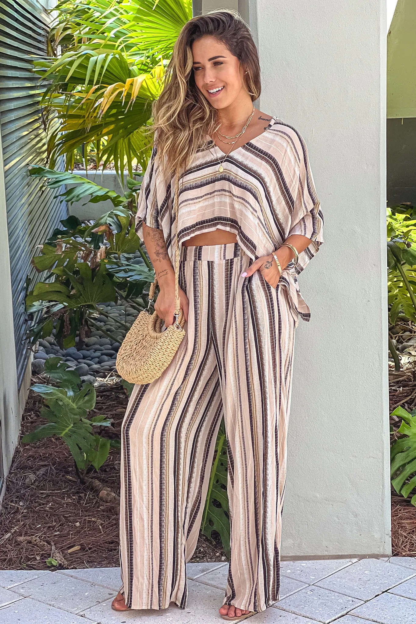 Taupe Striped Top And Pants Set