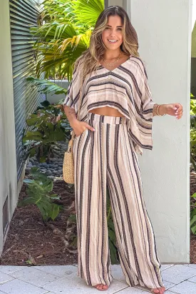 Taupe Striped Top And Pants Set