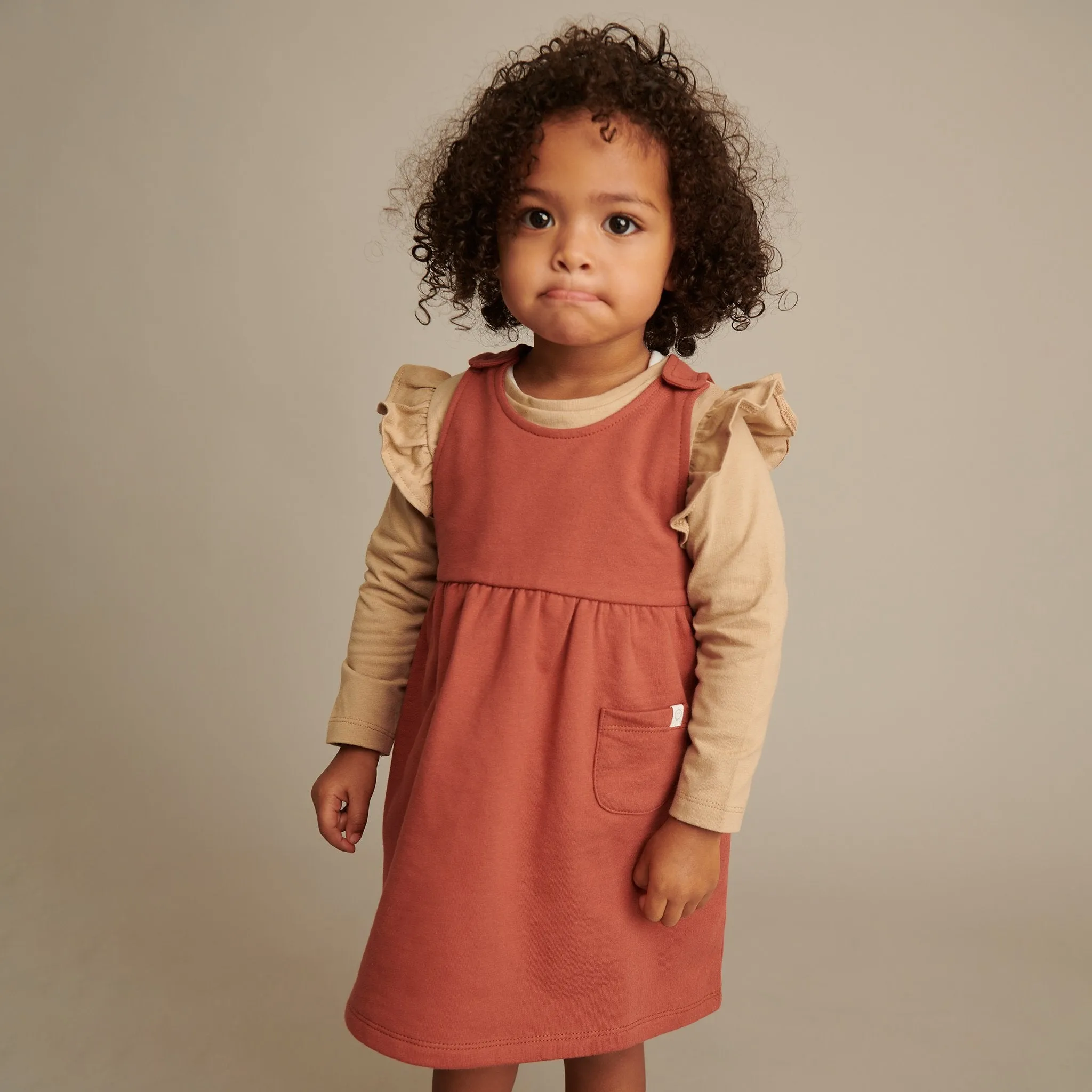 Terracotta & Caramel Dress, Ruffle Tee & Cardigan Day Outfit