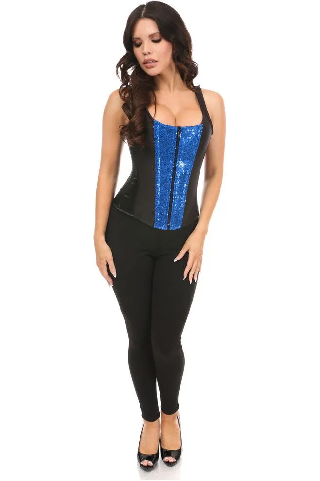 Top Drawer Black Satin & Blue Sequin Steel Boned Corset w/Straps