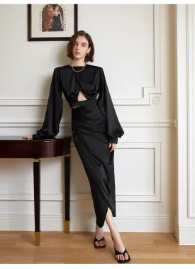 Two-piece suit set a classic high-waisted, pleated skirt and long-sleeved suit set- Fruta