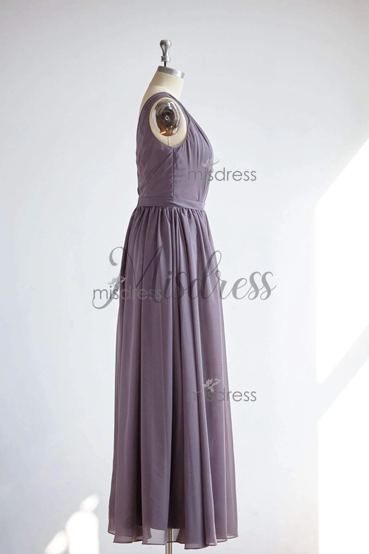 V Back Gray Chiffon Sleeveless Long Wedding Bridesmaid Dress