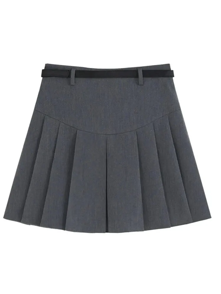 VAIGE Chic Pleated Mini Skirt with Belt - High Waisted Solid Gray Black A-Line Above Knee Broadcloth Skirt