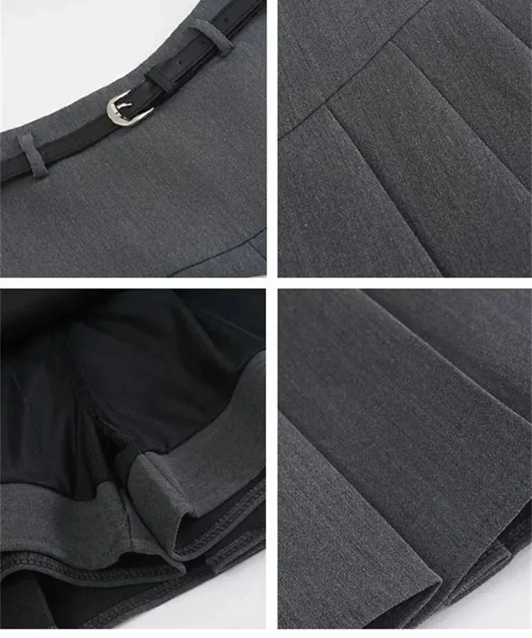 VAIGE Chic Pleated Mini Skirt with Belt - High Waisted Solid Gray Black A-Line Above Knee Broadcloth Skirt