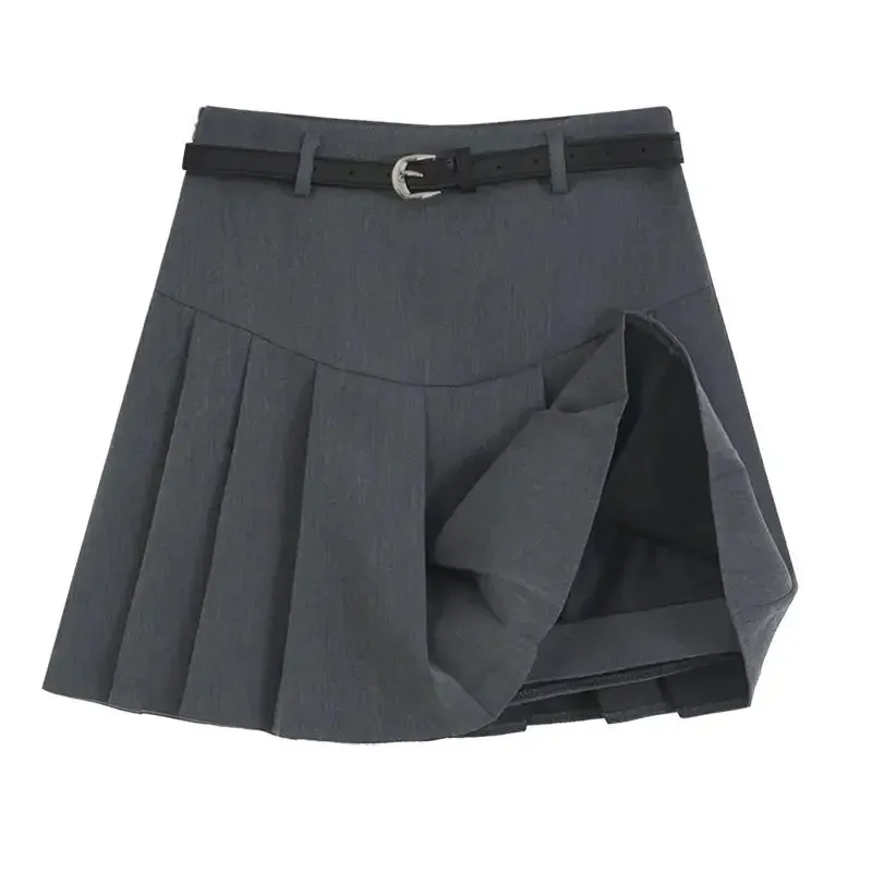 VAIGE Chic Pleated Mini Skirt with Belt - High Waisted Solid Gray Black A-Line Above Knee Broadcloth Skirt