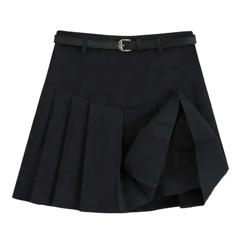 VAIGE Chic Pleated Mini Skirt with Belt - High Waisted Solid Gray Black A-Line Above Knee Broadcloth Skirt