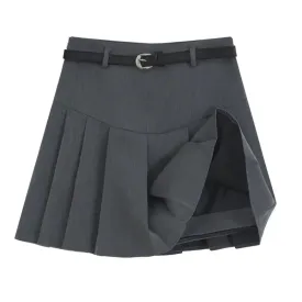 VAIGE Chic Pleated Mini Skirt with Belt - High Waisted Solid Gray Black A-Line Above Knee Broadcloth Skirt