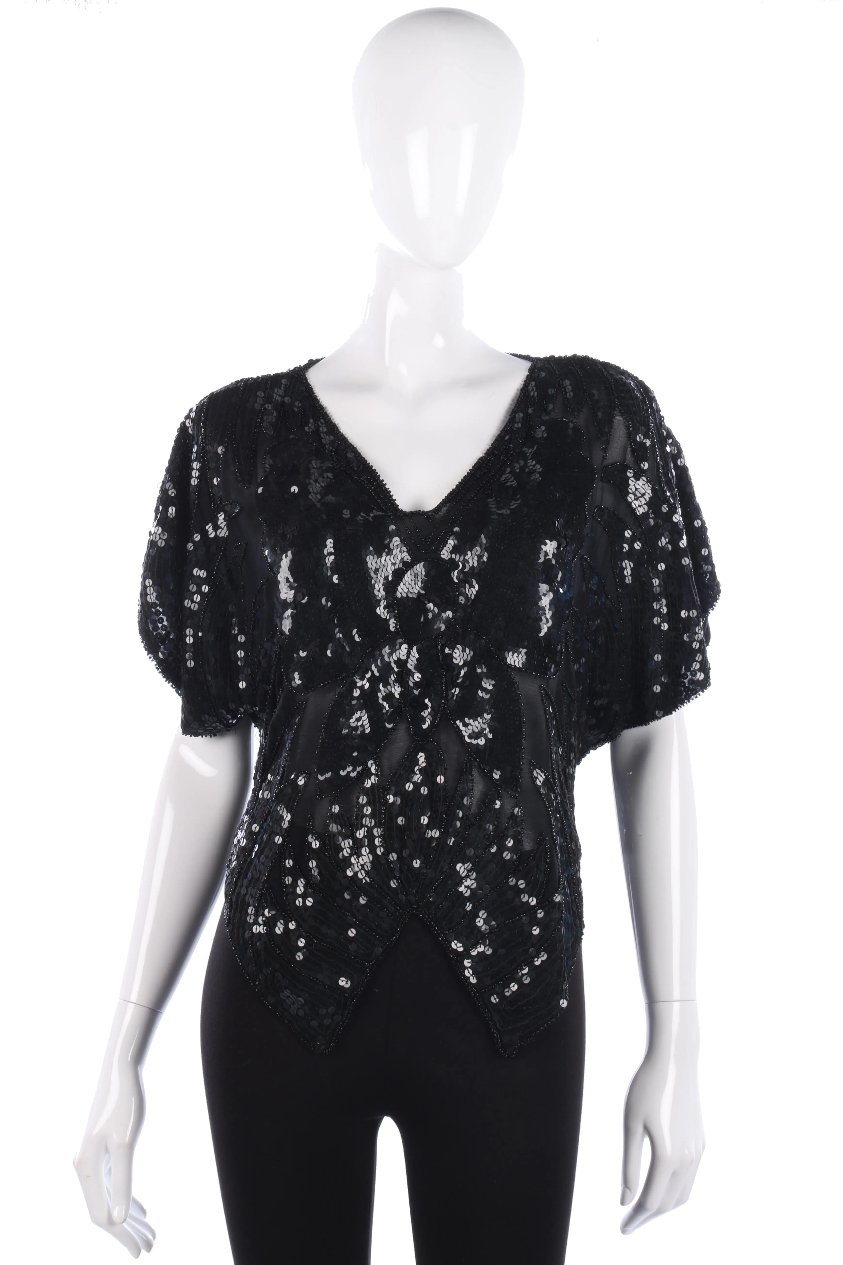 Vintage Silk Sequinned Butterfly Top Black Size M