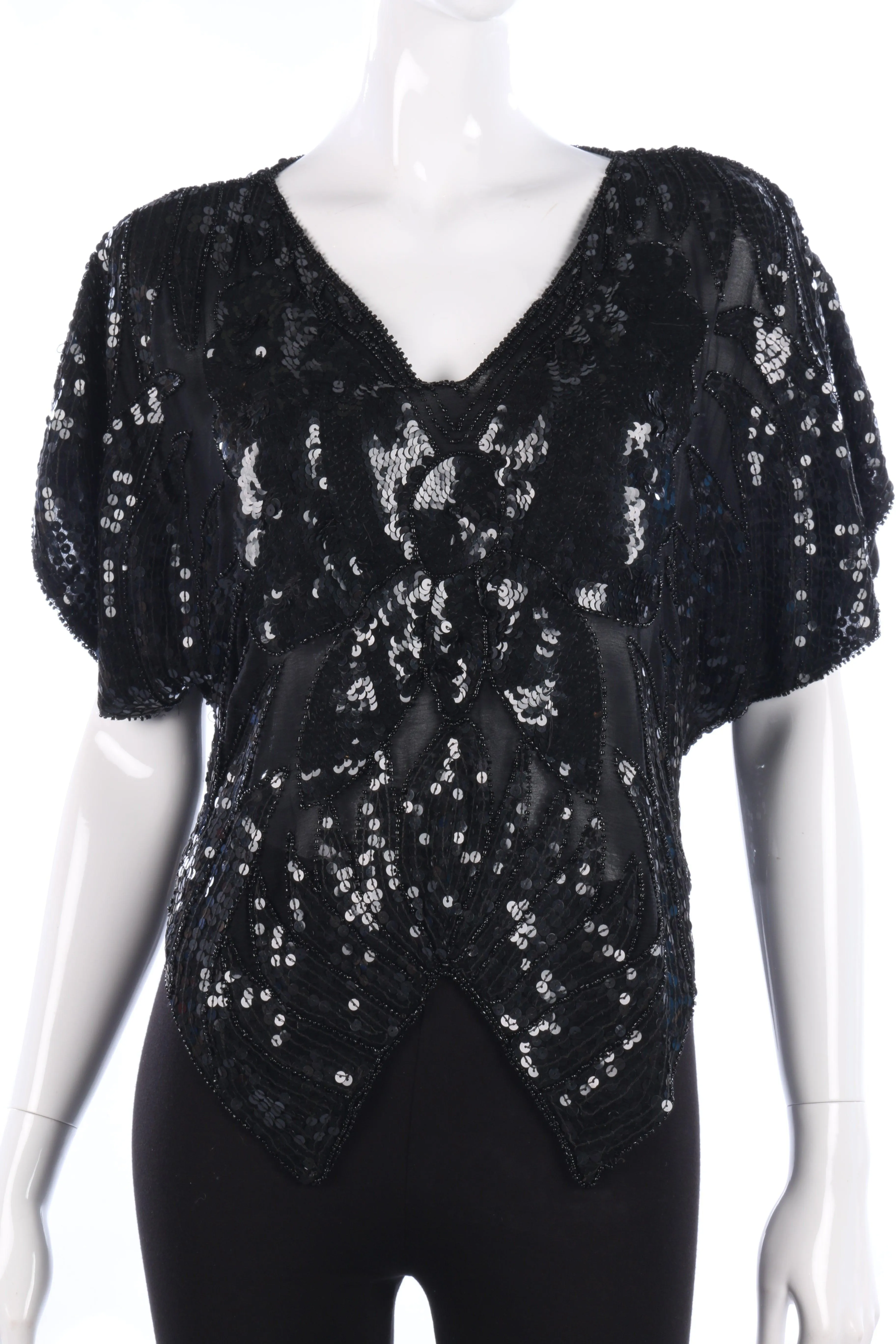 Vintage Silk Sequinned Butterfly Top Black Size M