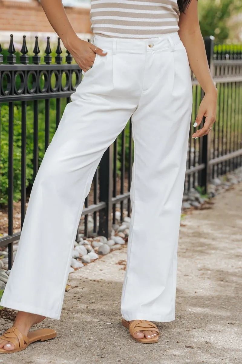 White Mid Rise Pleated Wide Leg Pants - FINAL SALE