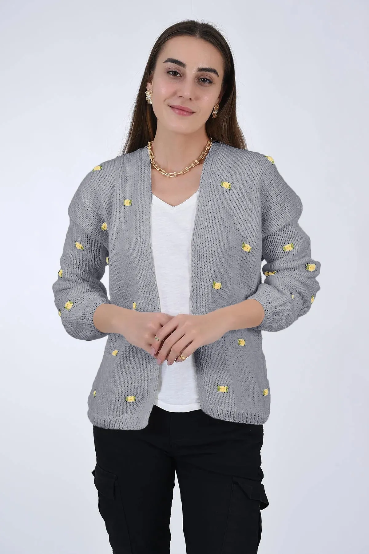 WINTER BLOOM YELLOW ROSE Cotton Cardigan