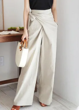 Women Solid Color Asymmetrical Bandage Design Breathable Wide Leg Pants