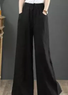 Women Solid Color Elastic Waist Drawstring Wide Leg Pants With Pocket