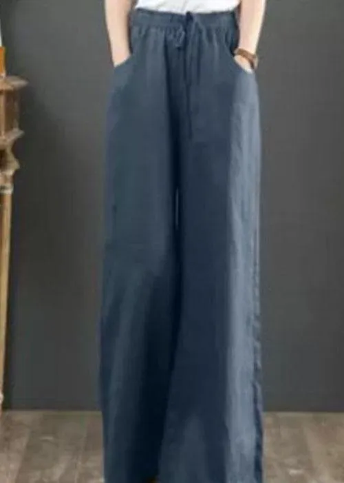 Women Solid Color Elastic Waist Drawstring Wide Leg Pants With Pocket