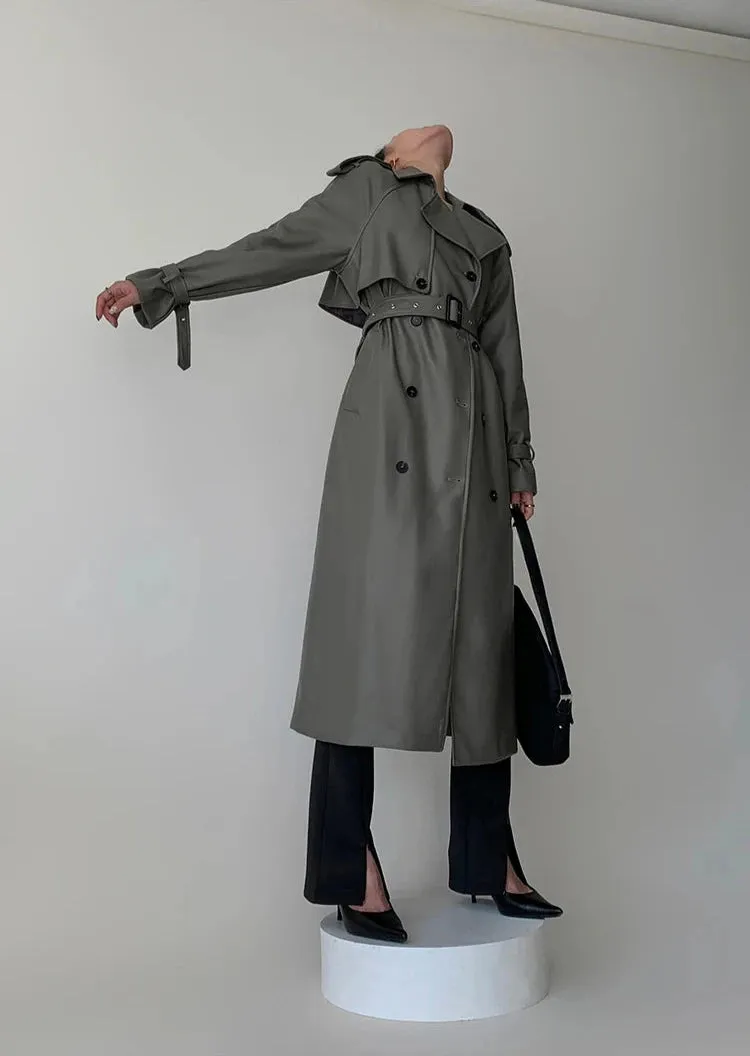 Women's Belted Faux Leather Trench Coat