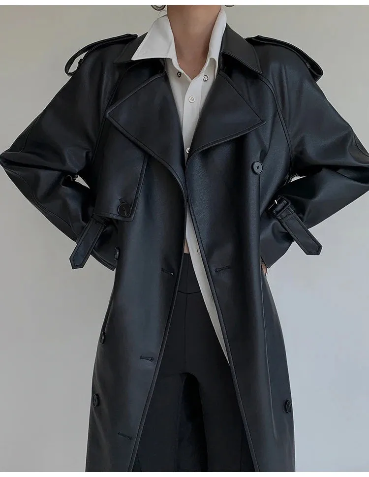 Women's Belted Faux Leather Trench Coat