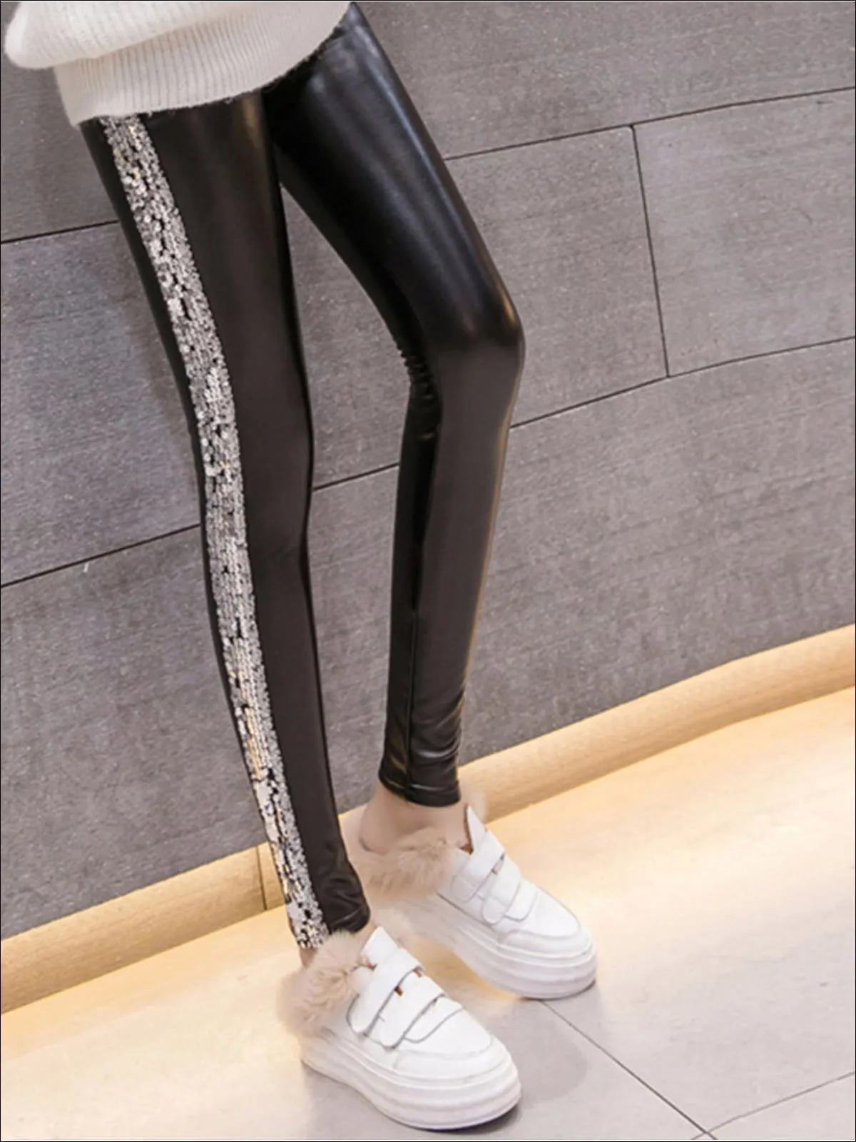 Women's Classic Side Sequined Synthetic Leather Leggings